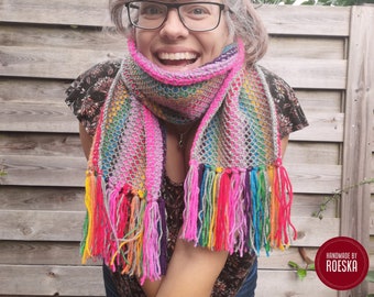 Tunisian Rainbow Fringe Scarf - a crochet pattern