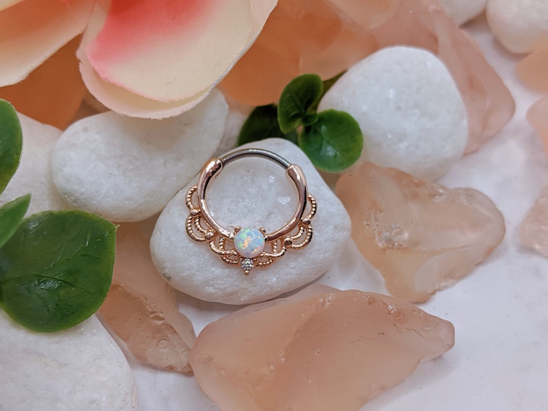 Lace and Opal Clicker Ring - Rose Gold, Opal - Septum & Daith Jewelry - 16 Gauge, 9mm Hinged Ring 