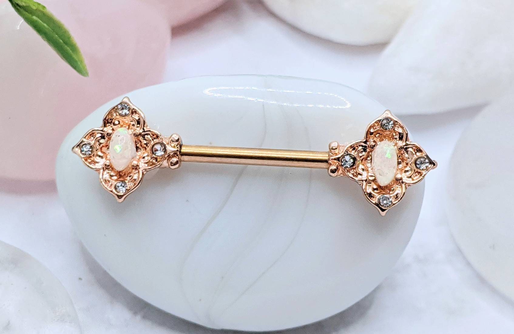 Elizabethan Opal Nipple Jewelry with Crystals - Rose Gold Plated Nipp…