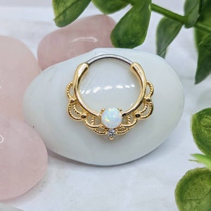 Gold Lace and Opal Clicker Ring - Septum & Daith Jewelry - 16 Gauge, 9mm Hinged Ring