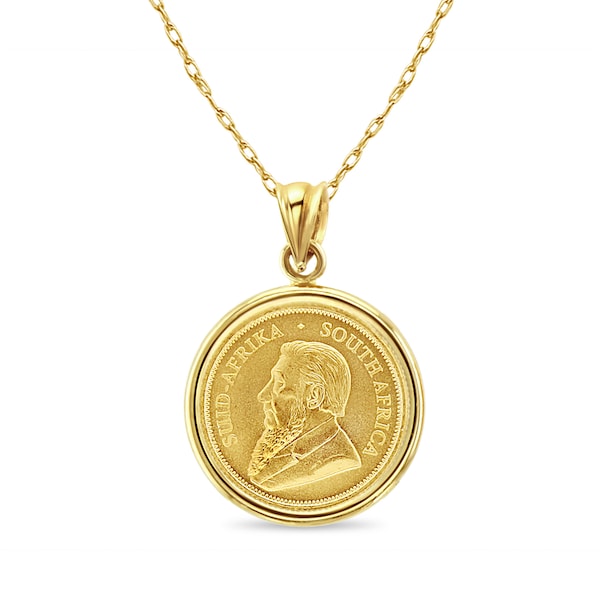 1/10OZ South African Krugerrand Coin Necklace with Polished Halo 14k Yellow Gold - gift for her, him, them, statement pendant, mothers day