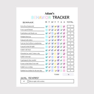 May include: A behavior tracker chart titled "Adam's Behavior Tracker" with checkboxes for daily tasks. The chart includes a goal reward section. The text includes "I do all my homework" and "Movie night with cookies."