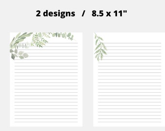 Greenery Printable Stationery, Digital Botanical Letter Writing Paper, 8.5x11, Instant Lined Unlined Notepaper, Journaling, Memo Paper