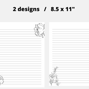 Papelería floral imprimible, papel de escritura de cartas botánicas en blanco y negro imprimible, 8.5x11, papel de nota digital sin revestimiento forrado, diario
