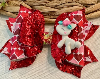 Lazo para el pelo de unicornio de San Valentín - Brillantina roja, hecho a mano, de 5 pulgadas