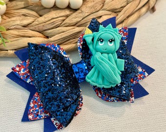 Lazo para el cabello del 4 de julio / Estatua de la Libertad, rojo, blanco y azul con purpurina