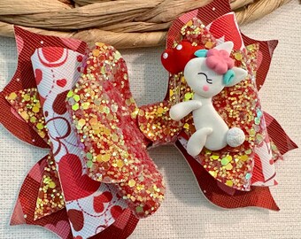 Lazo de pelo de unicornio para San Valentín: corazones brillantes, regalo para niñas