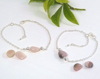 Pink Opal Gemstone Bracelet. Oval Shaped Semi Precious Stone with two Silver Plated Beads on a Silver Plated Chain. Choice of Colours.