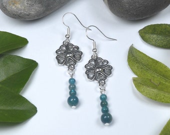 Blue Apatite Gemstone Drop Earrings with Flower Charm. Four Beautiful Dark Turquoise Natural Gemstone Beads Create a Great Boho Look.