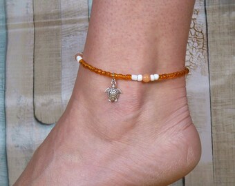 Orange Seed Bead Anklet with Faceted Natural Orange Chalcedony Gemstones and a Turtle Charm. A Nice Summer Gift for Girls.
