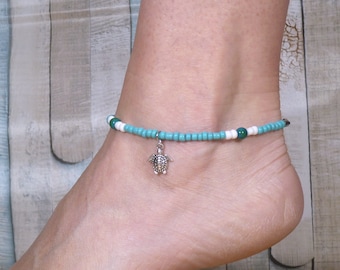 Turquoise Seed Bead Anklet with Natural Blue Apatite Gemstones and a Turtle Charm. A Nice Summer Gift for Girls.