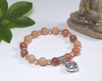 Pink Aventurine Gemstone Bracelet for Ladies, Featuring Silver Tone Heart Charm. Elasticated Cord.