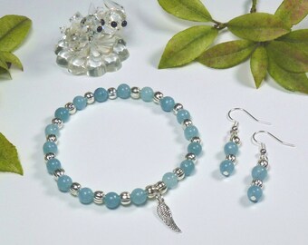 Aquamarine Agate Gemstone Bracelet with Angel Wing Charm, and Optional Matching Earrings. Elasticated cord.