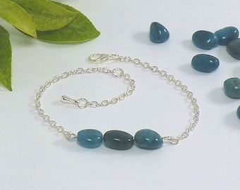 Blue Apatite Gemstone Bracelet. Three Oval Shaped Semi Precious Stones on a Dainty Silver Plated Chain.