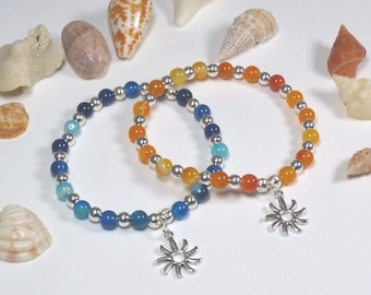 Natural Gemstone Bracelet with Sun Charm. Choose Between Blue Agate and Orange Agate. Elasticated cord. Earring Option.