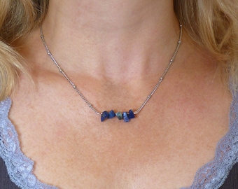 Lapis Lazuli Gemstone Necklace. Semi-Precious Gemstone Chips on a Stainless Steel Chain.