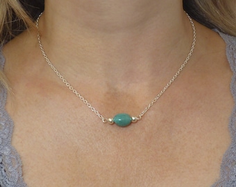 Blue Amazonite Gemstone Necklace. Oval Semi Precious Stone with two Silver Plated Beads on Silver Plated Chain. Minimalist Gift for Her.