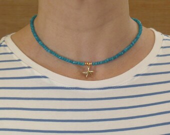 Turquoise Coloured Necklace in Chalcedony Gemstones with Gold Plated Rondelles and Gold Plated Starfish Pendant with Inlaid Zircon Diamonds.