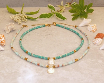 Heishi beads and Mother of Pearl Pendant Necklace in Light Blue or Turquoise. Great Summer Gift for a Lady.