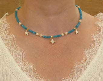 Turquoise Necklace in Chalcedony and Mother of Pearl Gemstones with Hematite Rondelles and Gold Plated Star Pendants with Zircon Diamonds.