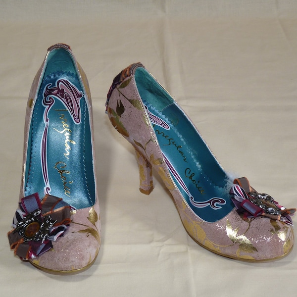 Irregular Choice Pink Real Leather High Heel Wedding Shoes with Rosette Detail. Pre-owned Excellent Condition, Original Box. Size EU38, UK5.