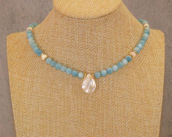 Light Blue Chalcedony Summer Necklace Featuring Mother of Pearl Beads and Mother of Pearl Water Drop Pendant.
