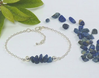 Blue Lapis Lazuli Gemstone Bracelet. Five Semi Precious Stones and Two Silver Plated Beads on a Dainty Silver Plated Chain.