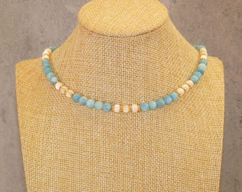 Light Blue Chalcedony Beaded Summer Necklace Featuring Mother of Pearl Beads and Gold Coloured Hematite Rondelles.