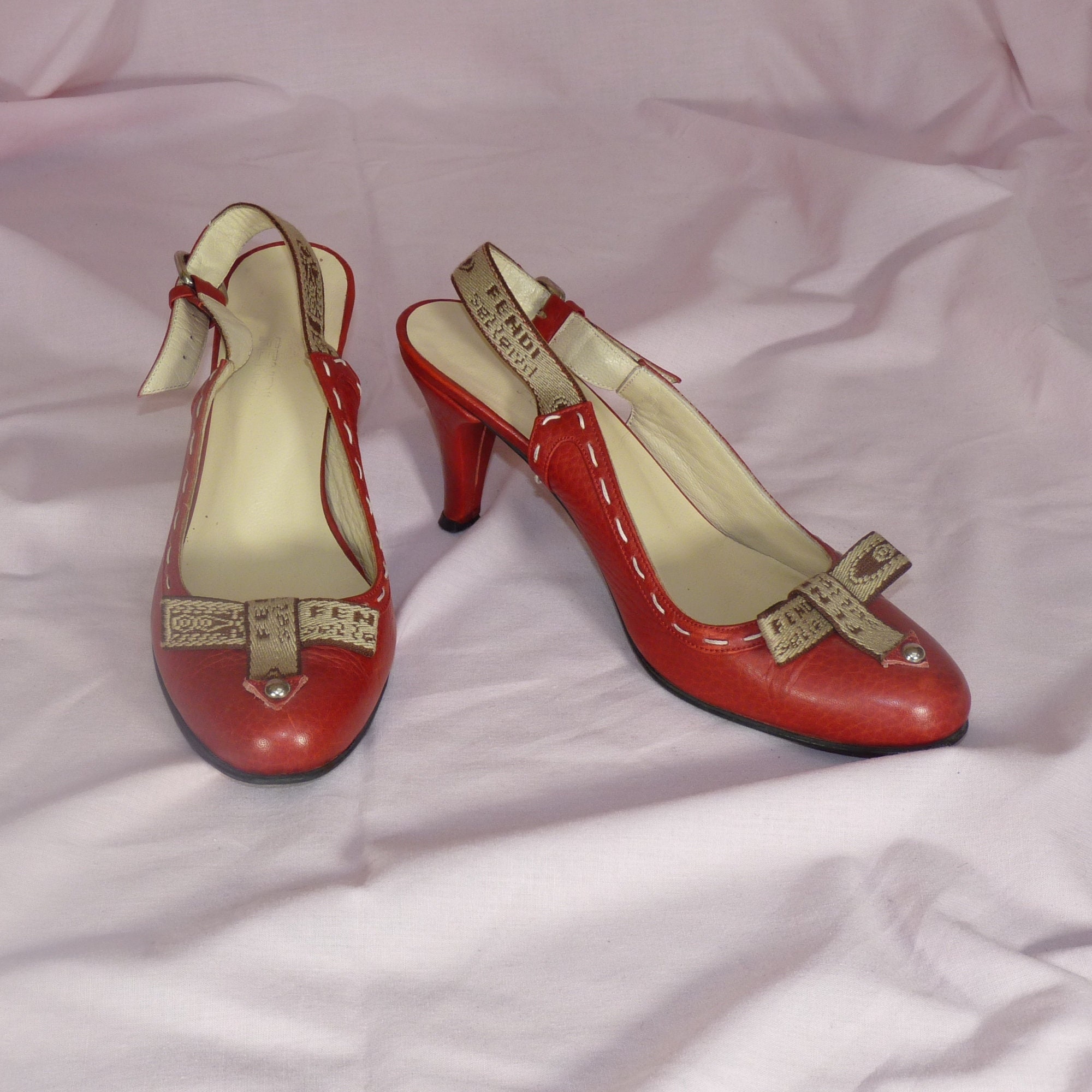 Red Vintage Fendi Kitten Shoes. Designer Label Heeled Shoes. -  Denmark
