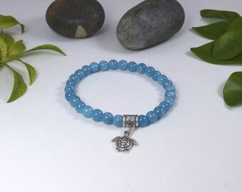 Ladies Blue Chalcedony Gemstone Bracelet with cute Turtle Charm. Elasticated Light Blue Beaded Bracelet, Nice Summer Gift for Ladies & Girls