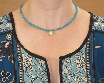 Turquoise Colour Necklace in Chalcedony Gemstones with Gold Plated Rondelles and Gold Plated Star Design Pendant with Inlaid Zircon Diamonds
