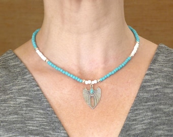 Turquoise and White Beaded Choker Necklace with Opaque Seed Beads and a Metal Charm of Choice. A Nice Summer Gift.