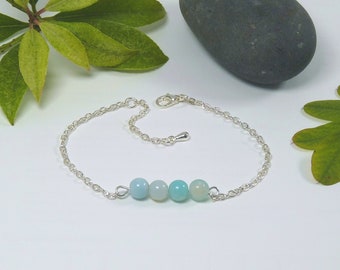 Blue Onyx Agate Gemstone Bracelet. Four Round Semi Precious Stones on a Dainty Silver Plated Chain.
