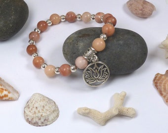 Pink Aventurine Gemstone Bracelet for Women, with Silver Tone Lotus Flower Charm. Elasticated Cord.