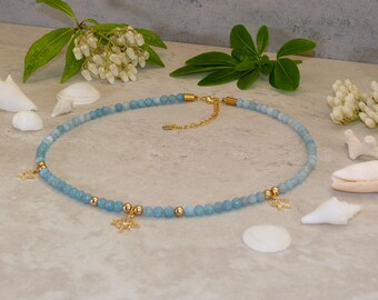 Light Blue Chalcedony Summer Necklace Featuring Three Gold Plated Pendants with Zircon Diamonds and Gold Coloured Natural Hematite Beads.