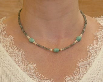 Gemstone Necklace with Blue Faceted Apatite beads, Featuring Three Irregular Amazonite Stones and Pale Pink Faceted Opaque Glass Beads.