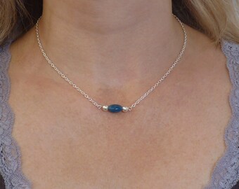 Silver Plated Chain Necklace with Blue Apatite Semi-Precious Gemstone and Silver Plated Beads.