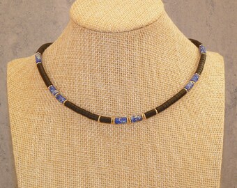 Necklace in Black Heishi Beads with Blue or Green feature Heishi Beads and Gold Tone Rondelles.