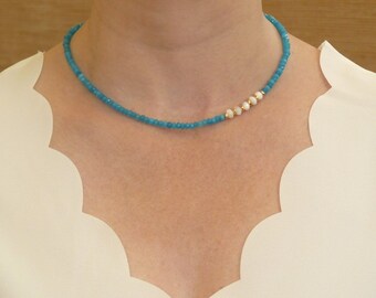 Turquoise Asymetric Design Necklace in Chalcedony Beads, Featuring Mother of Pearl Gemstones and Hematite Rondelles.