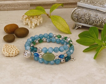 Lovely Blue and Silver Multi-Wrap Memory Wire Bracelet Featuring Chalcedony Gemstones, Blue and Green Faceted Beads, Silver Tone Boho Beads.
