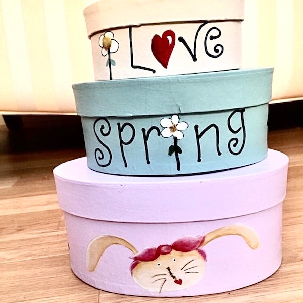 Handpainted spring stacking box set decoration, spring decor, Easter decor