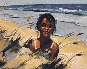 Black girl playing Hide-N-Seek on beach.