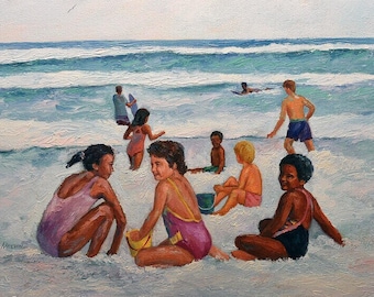 Children Playing on Beach Art Print: Happy Beach Scene
