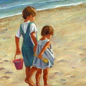 Impresión de día de playa de hermano y hermana: Castillos de arena, diversión imagen 3