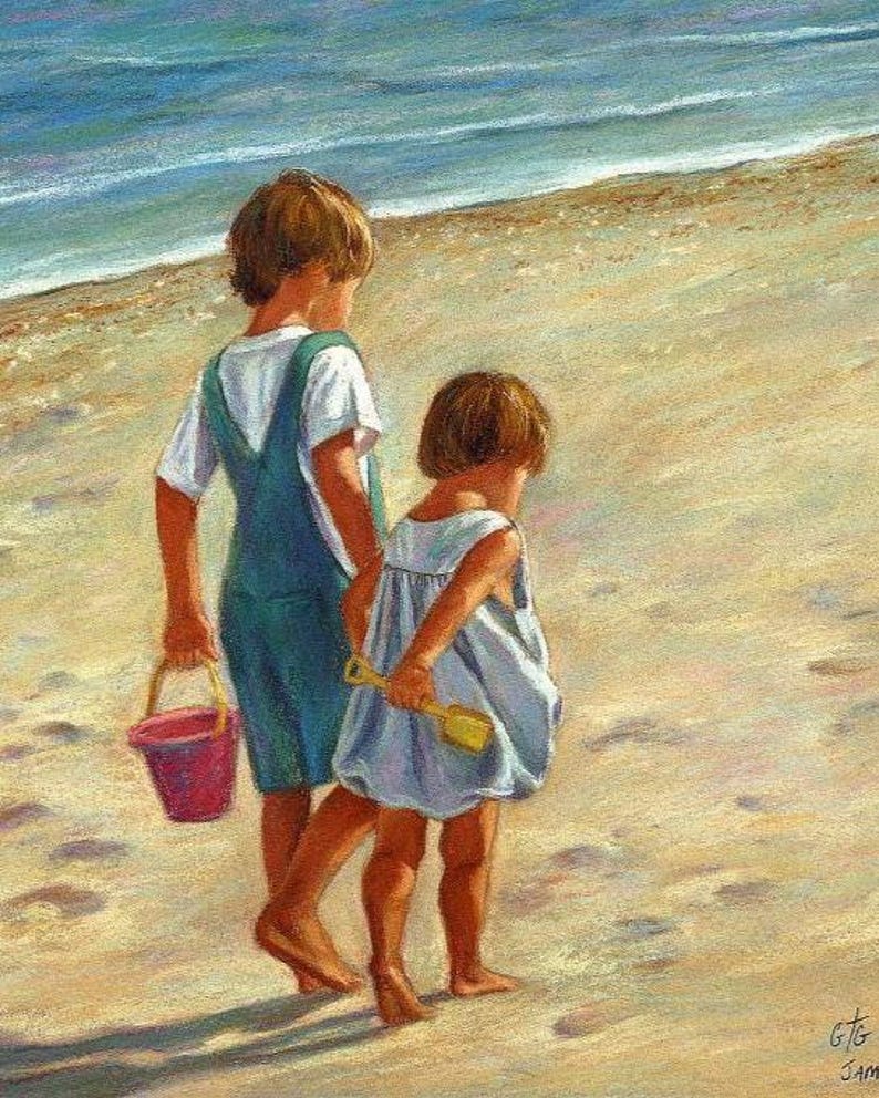 Impresión de día de playa de hermano y hermana: Castillos de arena, diversión imagen 3