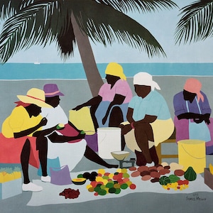 Chattin; Caribbean women at work, black wall art of women, tropical art