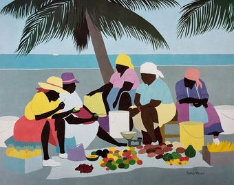 Chattin; Caribbean women at work, black wall art of women, tropical art