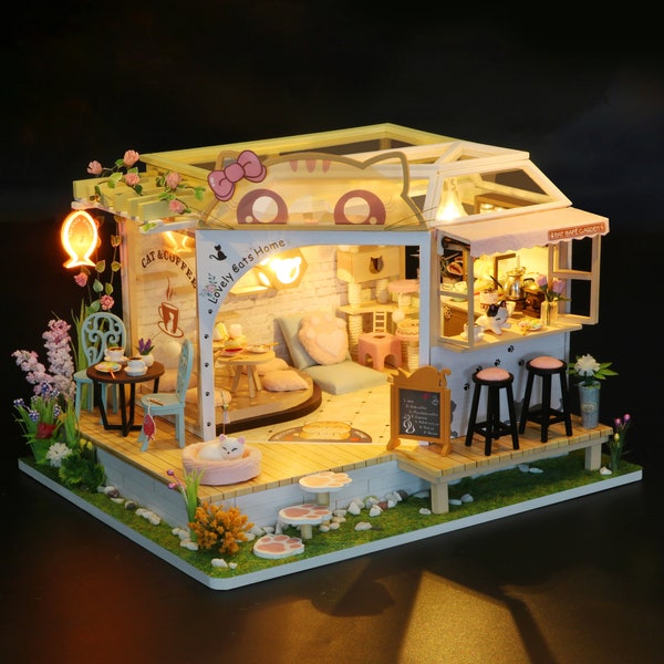 Dollhouse Miniature with Furniture, Cake Diary DIY Wooden Dollhouse Kit plus Dust Proof and Music Movement,