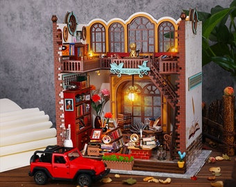 Maison de poupée en bois bricolage, kit de maison de poupée miniature, jouet modèle de maison pour enfants, cadeau fait main, décor à la maison (librairie magique)