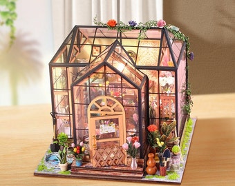 Jenny’s Greenhouse Dollhouse Miniature avec meubles, KIT DE MAISON DE POUPÉE DIY 1: 24 Échelle 1: 24 Idée de chambre créative